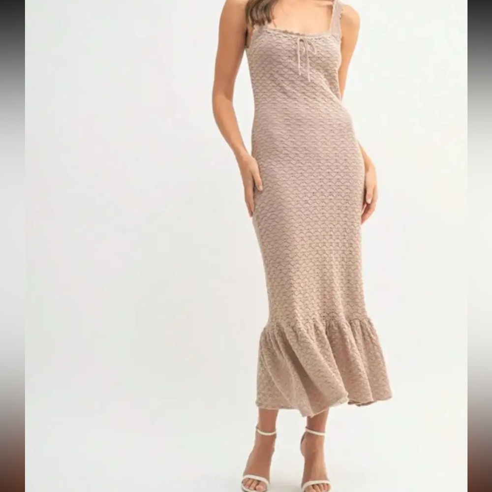 Mable Neutral Taupe Knit Maxi Dress with Ruffle Hem